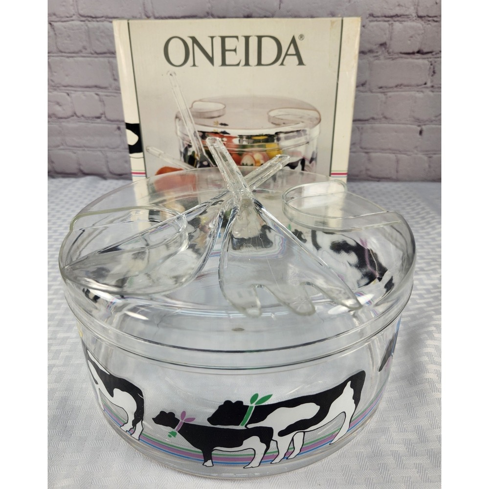 Cows Cows Cows! New Vintage 1987 Oneida Lucite Salad Bowl and Tongs Rare!